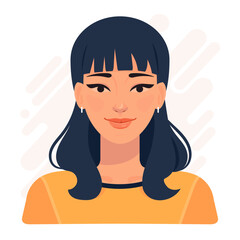 A tanned skin woman with long hair in a sweater. Portrait cartoon illustration.