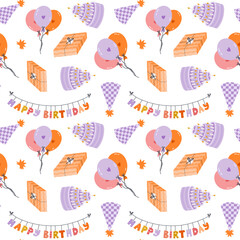 Seamless pattern with birthday bunting, party hat, balloon, cake, gift box in cute doodle style. Design with holiday clipart for wrapping paper, print, fabric, scrapbook. Bright festive background.