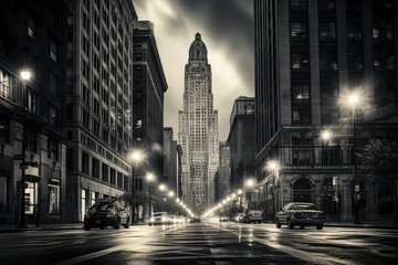 Moody monochrome view of cityscape, urban city, historical and classic, black and white - obrazy, fototapety, plakaty