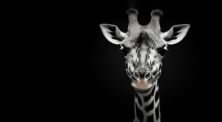 Obraz premium A Giraffe on black background. Copy space for text. AI generated digital portrait of a happy animal. 
