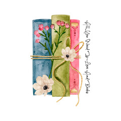 All You Need Is Love And Books T-Shirt Design, Lovely Watercolor Flowers And Books Illustrations