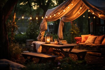  Backyard picnic under a canopy of twinkling fairy lights, Generative AI