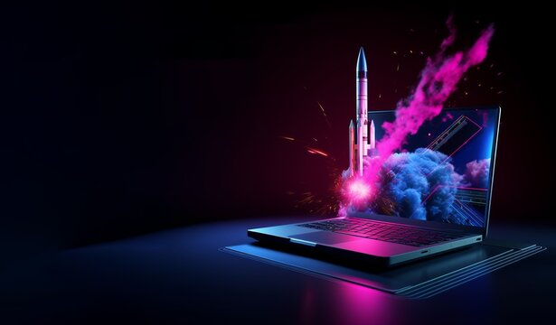 A Space Rocket launching from laptop screen, black background, neon tech lights. Copy space for text. AI generated image, postproduction. 
