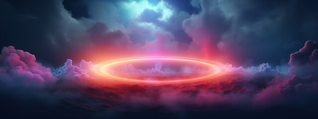 3d render colorful neon ring glowing inside the stormy