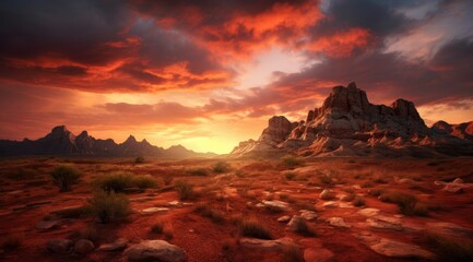 Fototapeta premium Nature background of mountains panorama. Colorful sunset. Northern lights. sunset desert landscape. Wild Western desert sunset with mountains