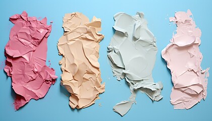 four different pieces of pink and blue torn paper on a white, light emerald and beige, raw vulnerability, use of common materials