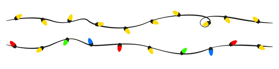 Christmas lights flat vector illustration. Bright yellow and colorful glowing garland. Celebration decoration design element.