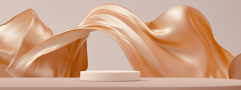 Luxury background for branding and product presentation. Beige color podium on gold fabric flying wave. 3d rendering illustration.