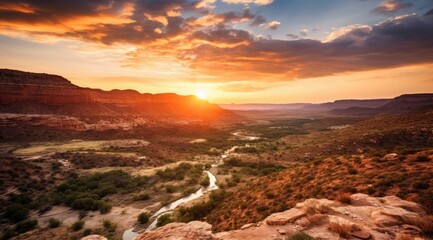 Naklejka premium Nature background of mountains panorama. Colorful sunset. Northern lights. sunset desert landscape. Wild Western desert sunset with mountains