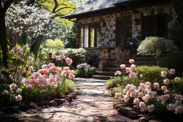 Fototapeta premium Lush backyard garden in full bloom during spring, Generative AI