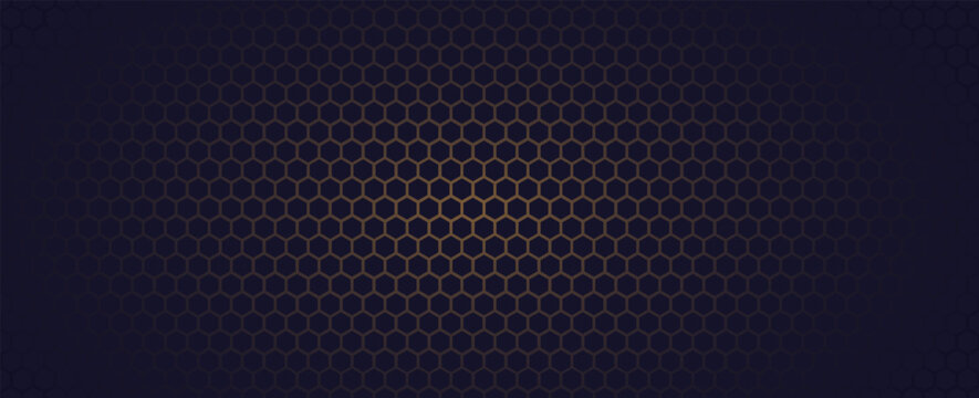 Dark hexagon abstract technology background with bright flashes of gold under the hexagon.