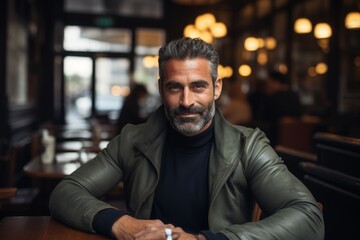 Portrait of handsome mature man sitting at table in cafe and looking at camera