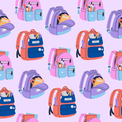 Seamless pattern of backpack and schoolbag. Collection of colorful kids bags with stationery and textbooks. Hand drawn vector illustration isolated on purple background, flat cartoon style