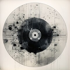 gray vinyl disk hand pressed on metal, etching on paper, monochrome toning, x-ray film - obrazy, fototapety, plakaty
