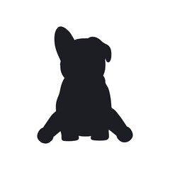 Black silhouette of puppy corgi dog. Portrait of sitting little pet animal. Hand drawn vector illustration isolated on white background, modern trendy flat cartoon style.