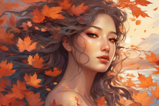 Close-up of a charming beautiful woman with orange autumn leaves
