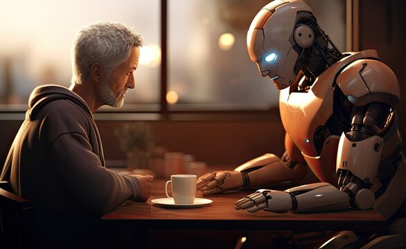 old man sitting with a robot