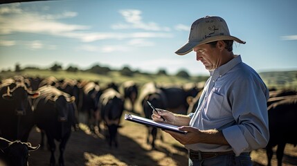 Thoughtful farmer standing in the field while cows graze in the background