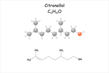 Citronellol. Stylized molecule model and structural formula.