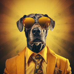 Illustration Hund mit Anzug und Sonnenbrille gold - obrazy, fototapety, plakaty