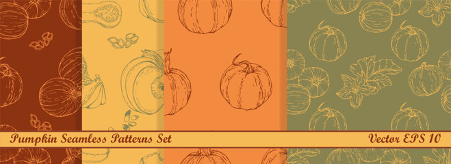 Collection of vector seamless patterns with Pumpkin. Hand drawn textures. Elegant seamless botanical pattern for paper, fabric, wallpaper, surface design