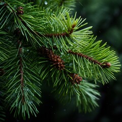 Naklejka na ściany i meble Small cones on a pine or fir tree branch close up