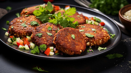 Traditional oriental Turkish fried bulgur cutlets with herbs on a plate on the table in the restaurant