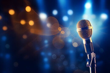 Close up of microphone on the blurred stage background - obrazy, fototapety, plakaty