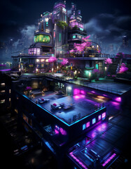 Futuristic cyberpunk urban cityscape, Neon Lights, 
club in the city