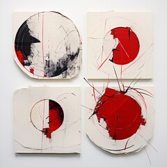 paper and red paper cut into four pieces, raw vulnerability, circular abstraction, torn