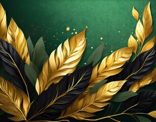 green autumn background illustration with golden leaves and blank copy space