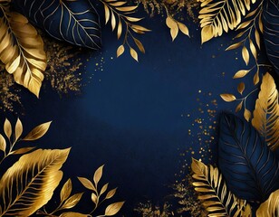 blue floral background illustration with blue and golden leaves and blank copy space - 670474780