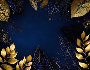 blue floral background illustration with blue and golden leaves and blank copy space - 670474783