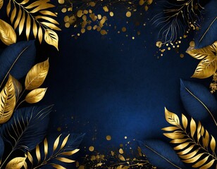 blue floral background illustration with blue and golden leaves and blank copy space - 670474787