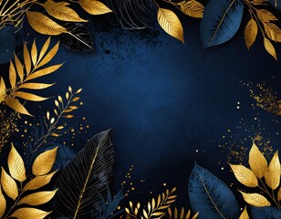 blue floral background illustration with blue and golden leaves and blank copy space - 670474789