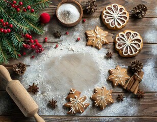 christimas background illustration with cookies, flour on a wooden desk and blank copy space