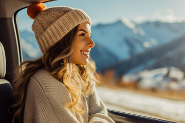 beautiful girl rides in a car in the mountains in winter, traveling on vacation