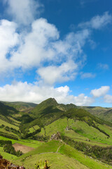 Fototapeta premium Island of Flores. Island of water. Portuguese Jurassic Park.Hills covered with vegetation.