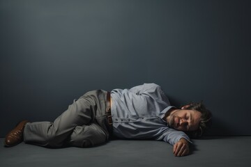 Tired man with insomnia problem at room floor. Sleep sick vigil stress. Generate Ai - obrazy, fototapety, plakaty