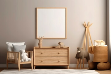 Mockup frame in children bedroom with wicker furniture, Copy space. AI Generative