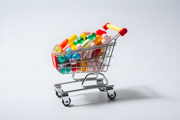 Shopping cart with pills isolated on white background