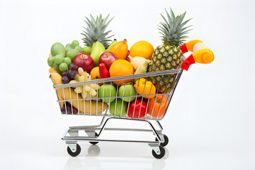 Shopping cart with fruits isolated on white background