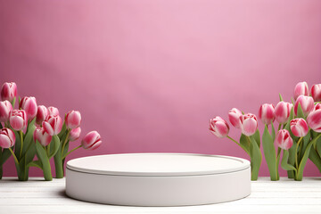 Podium with pink tulips, empty space template