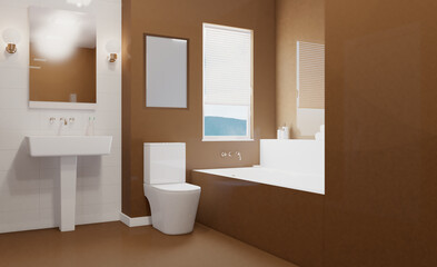 Clean and fresh bathroom with natural light. 3D rendering.. Mockup.   Empty paintings