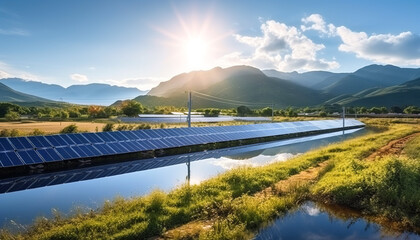 Solar panels on a blue sky background on a summer day.  Green energy concept.