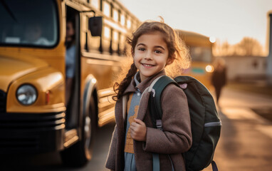 A young girl standing with her school backpack waiting in front of yellow school bus. Generative AI