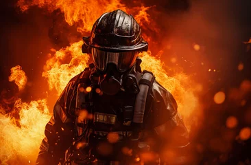 Keuken spatwand met foto A brave firefighter in uniform, helmet and mask stands in front of a large-scale fire © Artichokefoto