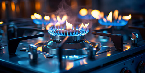 Gas flame on the stove, ban gas. A gas stove with a flame burning propane. The concept of industrial resources and economy. - obrazy, fototapety, plakaty
