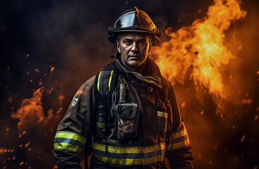 A brave firefighter in uniform, helmet and mask stands in front of a large-scale fire