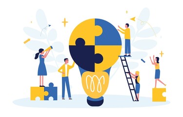 Business concept. Flat illustration. Team metaphor. People hold a large light bulb symbolizing a creative idea. People connect puzzle elements. Teamwork, collaboration, partnership.